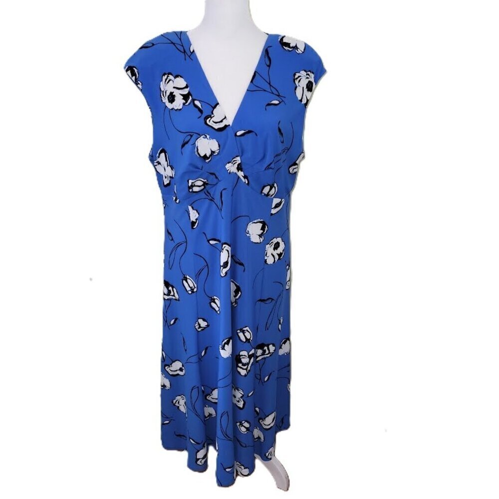 Evan Picone Black Label Dress Floral Knee Length V-Neck Sleeveless Blue Size 14
